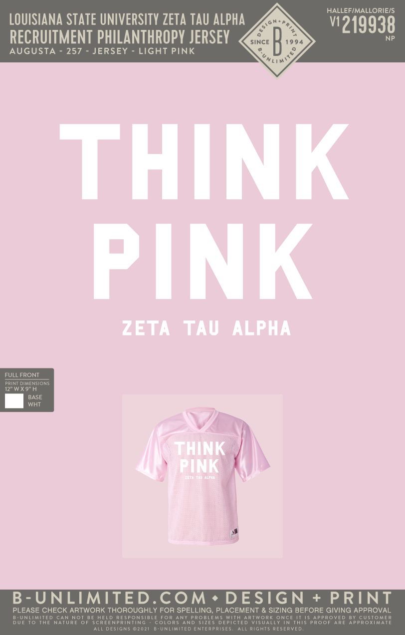 Louisiana State University Zeta Tau Alpha - Recruitment Philanthropy Jersey - Augusta - 257 - Jersey - Light Pink