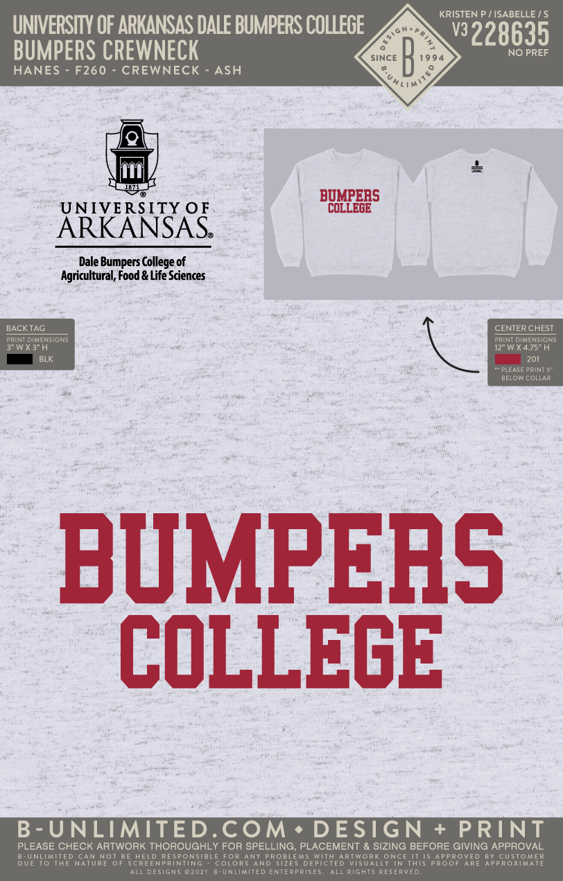 University of Arkansas Dale Bumpers College - Bumpers Crewneck - Hanes - F260 - Sweatshirt - Ash