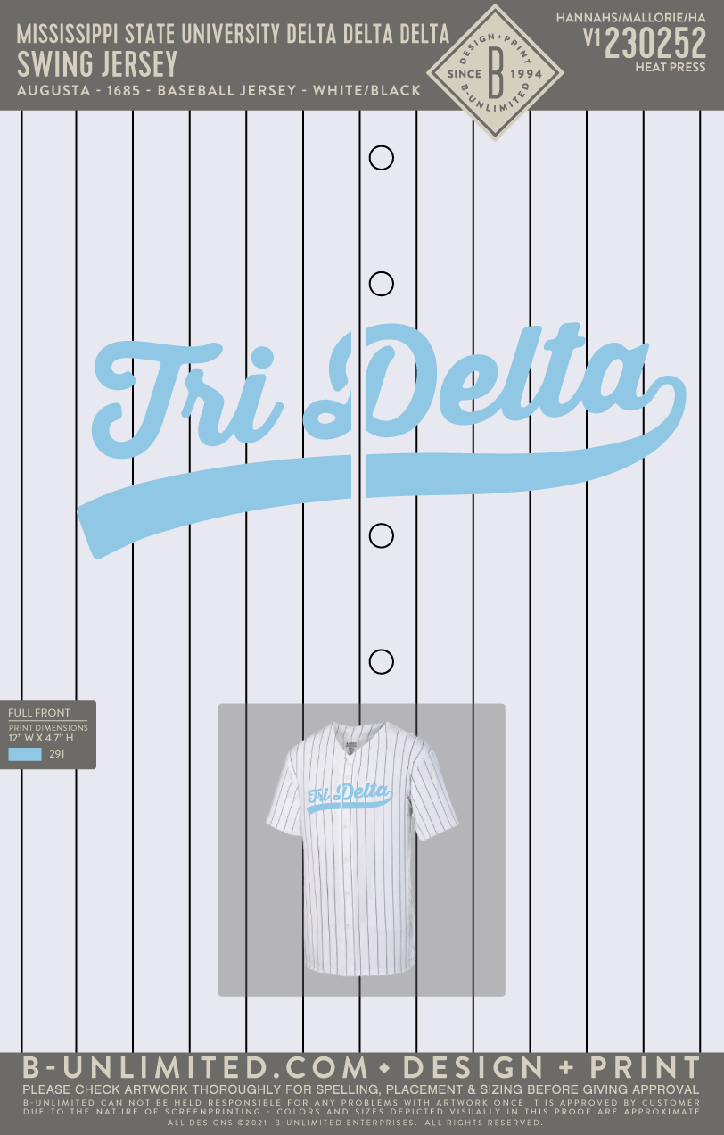 Mississippi State University Delta Delta Delta - Swing Jersey - Augusta - 1685 - Baseball Jersey - White/Black