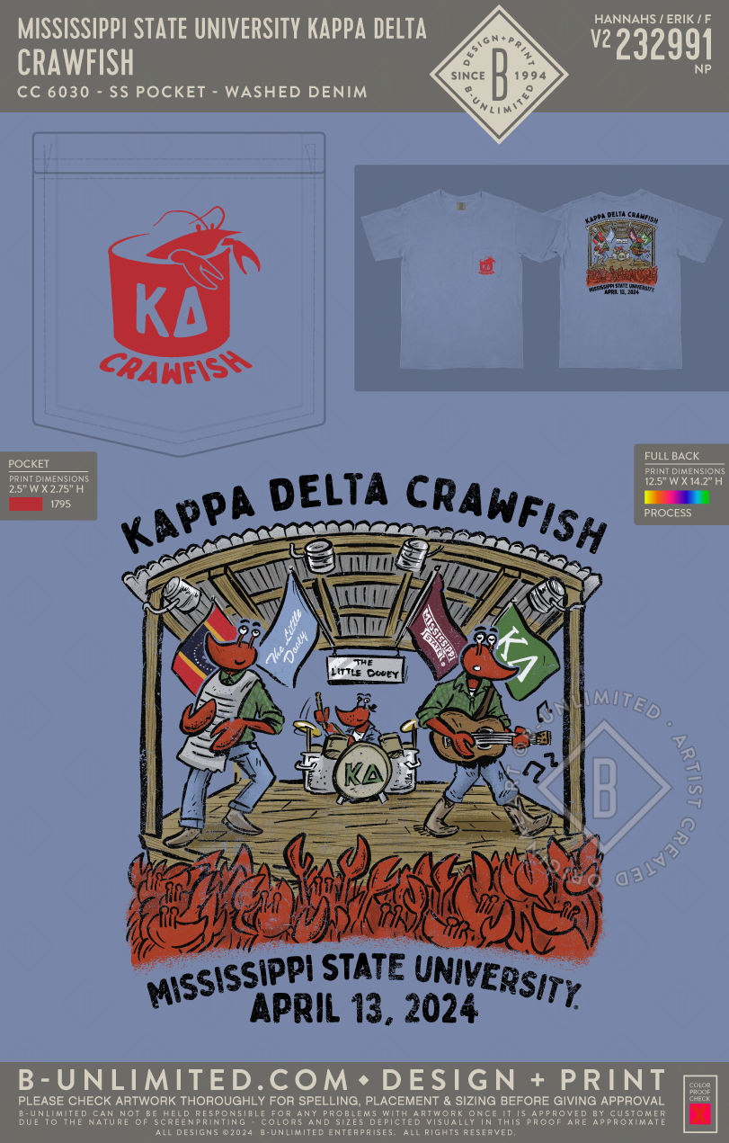 Mississippi State University Kappa Delta - Crawfish - CC - 6030 - SS Pocket - Washed Denim
