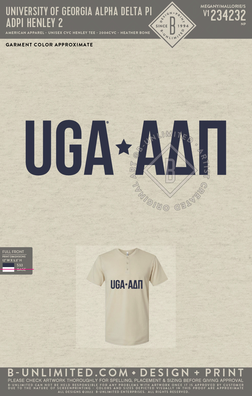 UGA ADPI - ADPI Henley 2 - American Apparel - 2004CVC - Henley Tee - Heather Bone