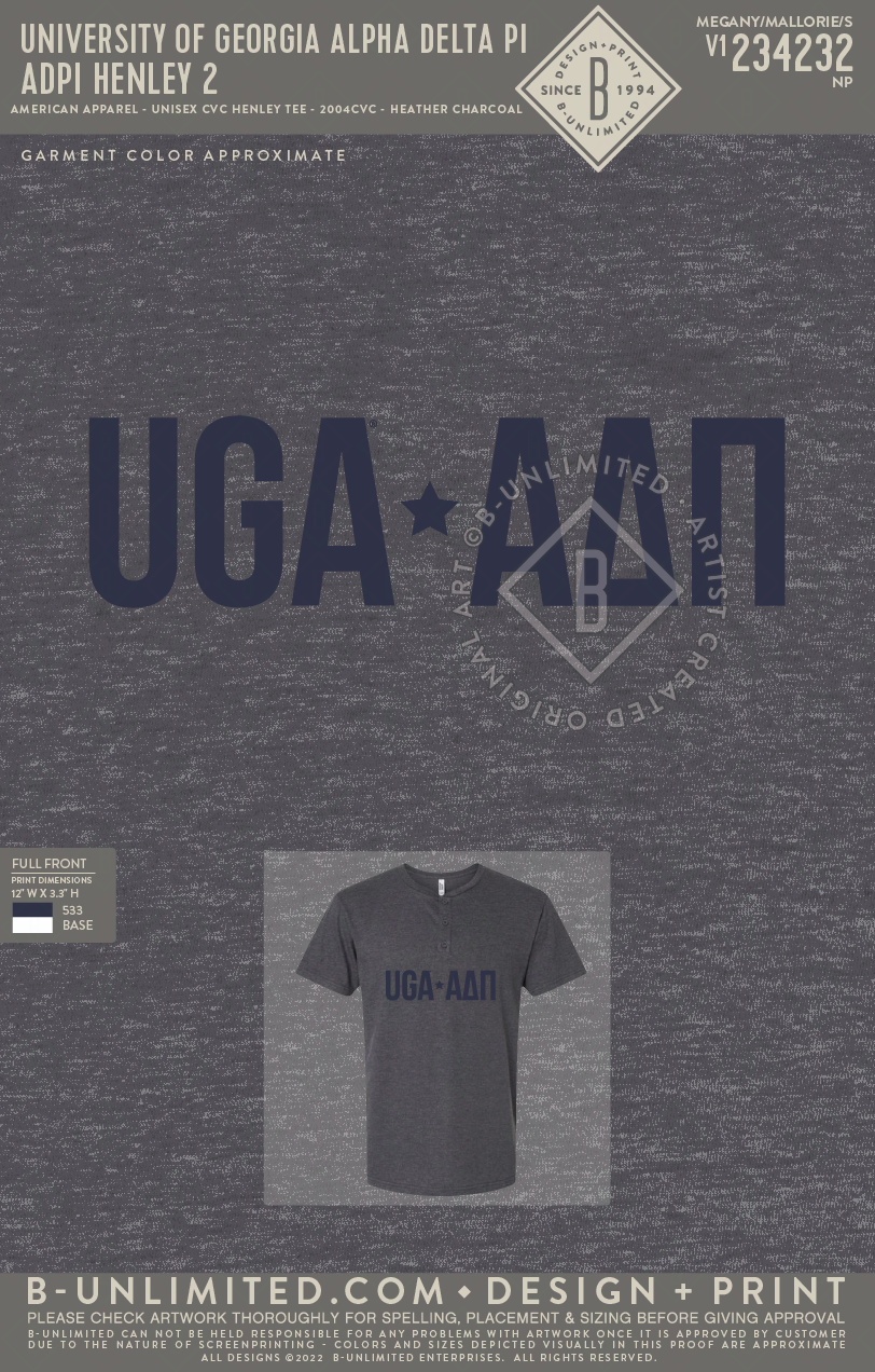 UGA ADPI - ADPI Henley 2 - American Apparel - 2004CVC - Henley Tee - Heather Charcoal