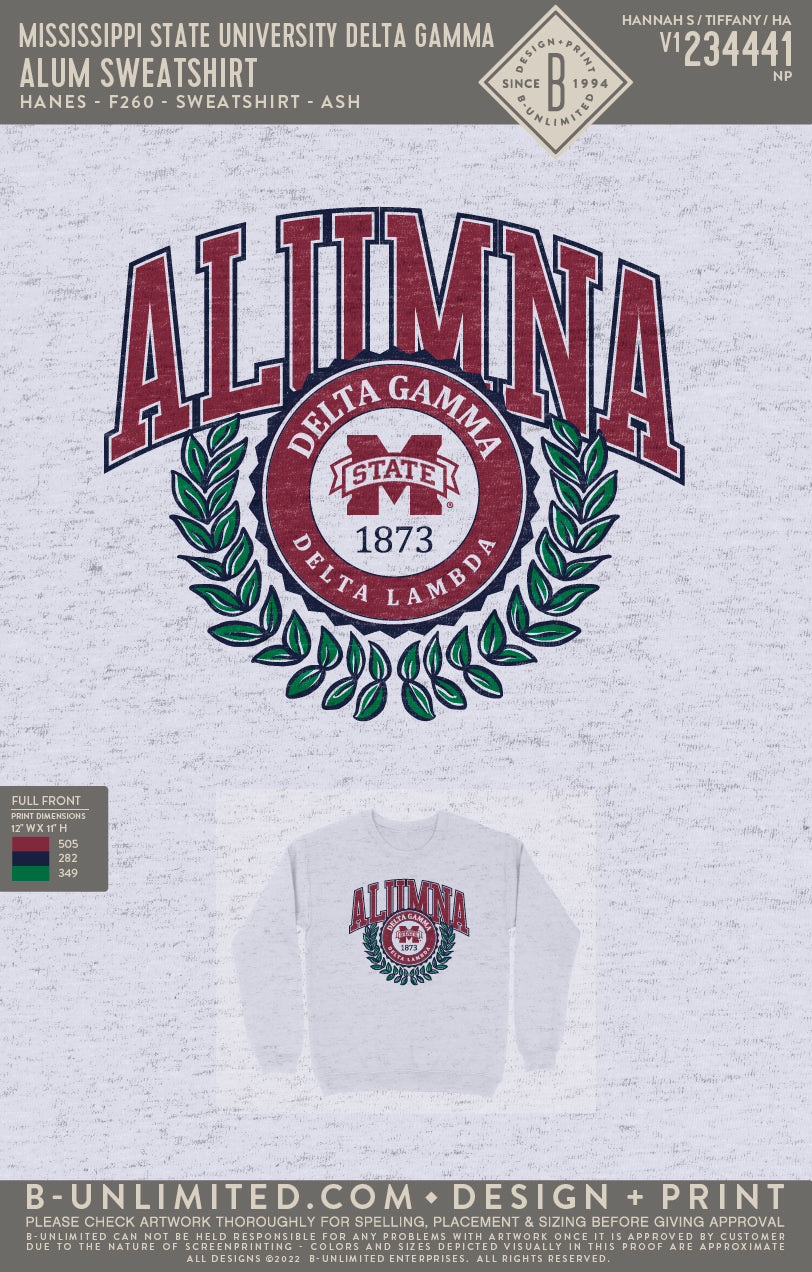 Mississippi State University Delta Gamma - Alum Sweatshirt - Hanes - F260 - Sweatshirt - Ash