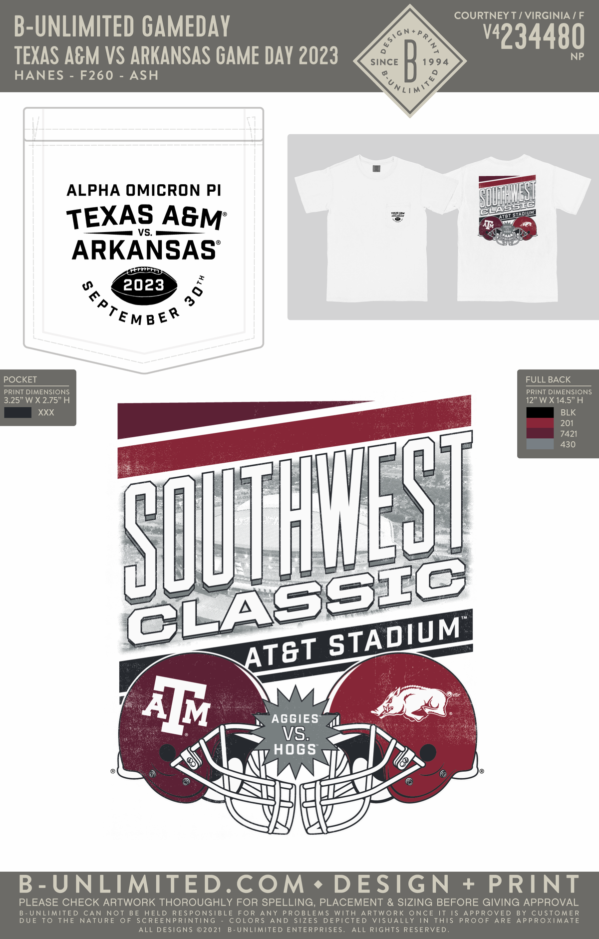 B-Unlimited Game Day - Texas A&M AOPi T-Shirt - Texas A&M vs Arkansas Game Day 2023