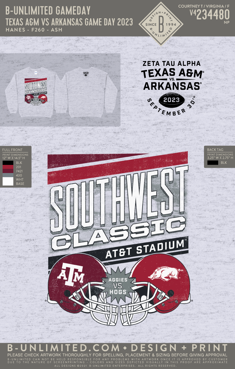 B-Unlimited Game Day - Texas A&M ZTA Sweatshirt - Texas A&M vs Arkansas Game Day 2023