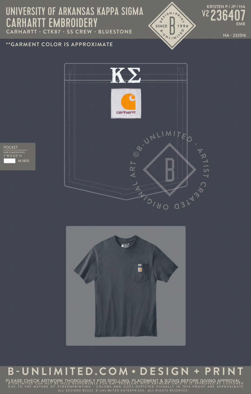 University of Arkansas Kappa Sigma - Carhartt Embroidery - Carhartt - CTK87 - SS Crew - Bluestone