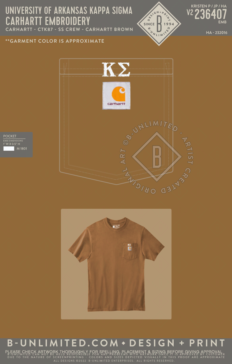 University of Arkansas Kappa Sigma - Carhartt Embroidery - Carhartt - CTK87 - SS Crew - Carhartt Brown