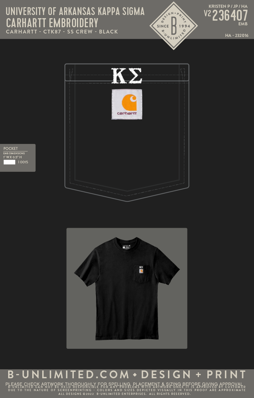 University of Arkansas Kappa Sigma - Carhartt Embroidery - Carhartt - CTK87 - SS Crew - Black