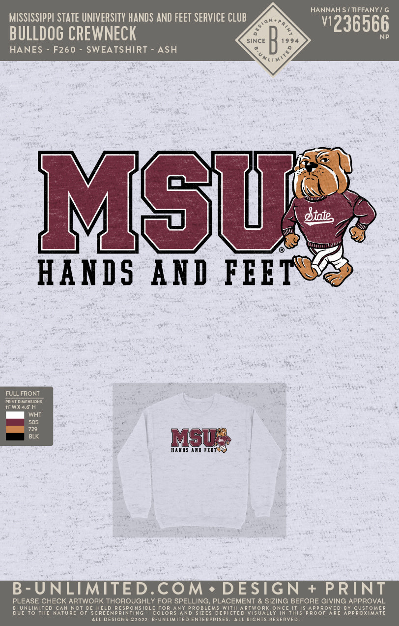 Mississippi State University Hands and Feet Service Club - Bulldog Crewneck - Hanes - F260 - Sweatshirt - Ash
