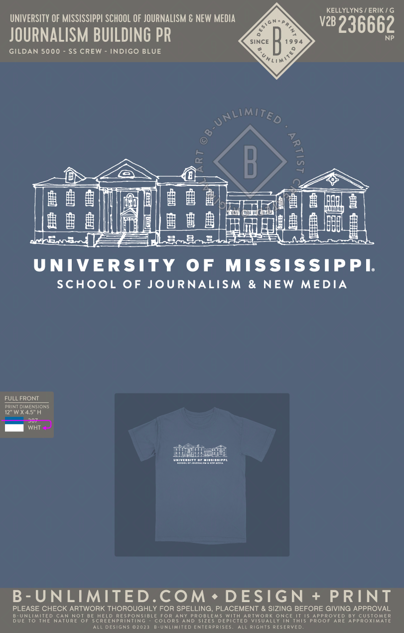 University of Mississippi School of Journalism & New Media - Journalism Building PR - Gildan - 5000 - SS Crew - Indigo Blue