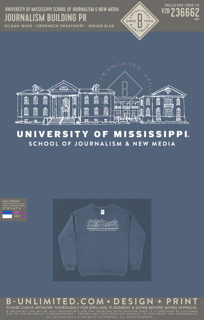University of Mississippi School of Journalism & New Media - Journalism Building PR - Gildan - 18000 - Crewneck Sweatshirt - Indigo Blue