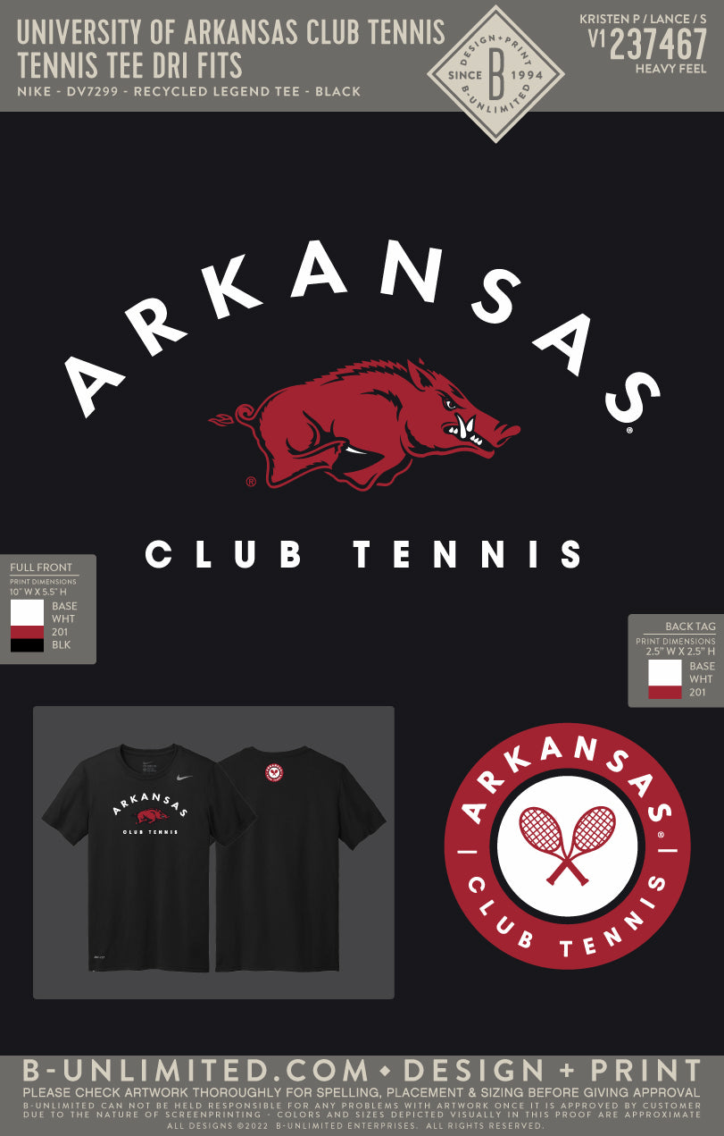 University of Arkansas Club Tennis - Tennis Tee Dri Fits - Nike - DV7299 - Recycled Legend Tee - Black