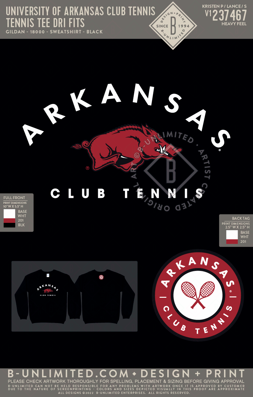 University of Arkansas Club Tennis - Tennis Tee Dri Fits - Gildan - 18000 - Sweatshirt - Black