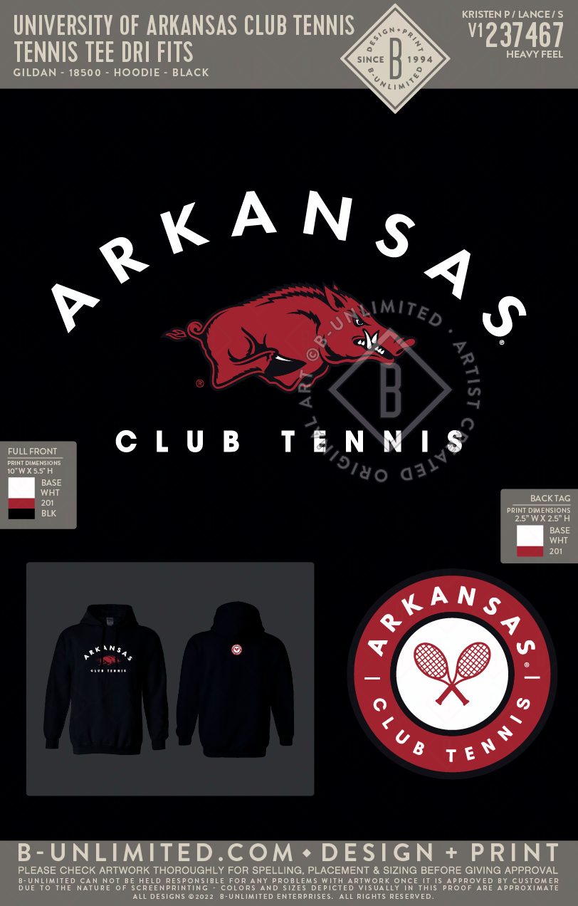 University of Arkansas Club Tennis - Tennis Tee Dri Fits - Gildan - 18500 - Hoodie - Black