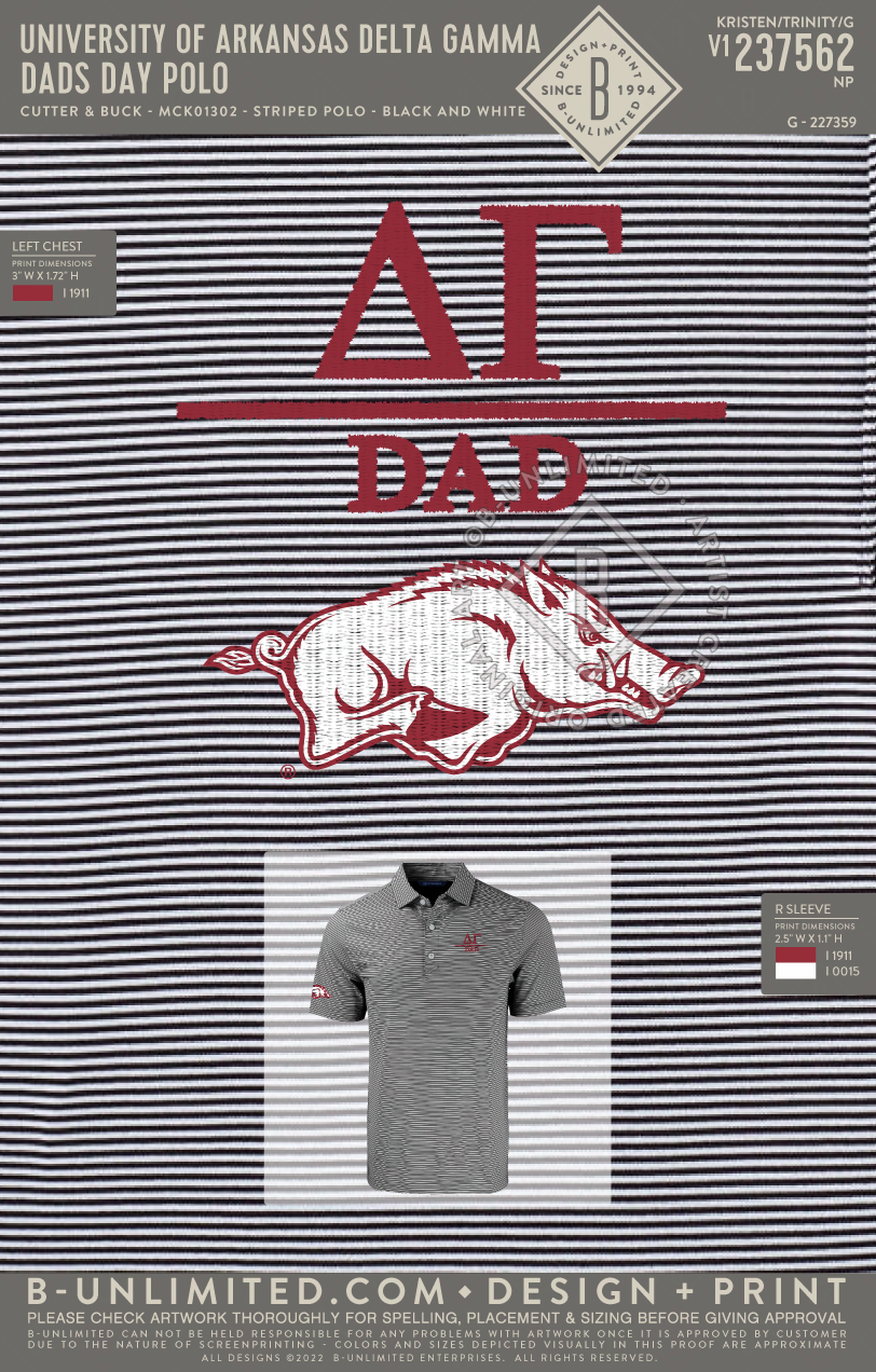 University of Arkansas Delta Gamma - Dads Day Polo - Cutter & Buck - MCK01302 - Forge Double Stripe Mens Polo - Black/White