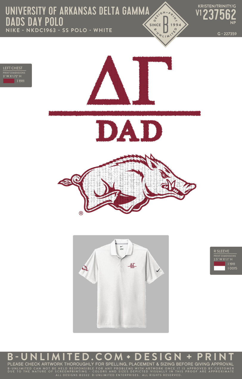 University of Arkansas Delta Gamma - Dads Day Polo - Nike - NKDC1963 - SS Polo - White