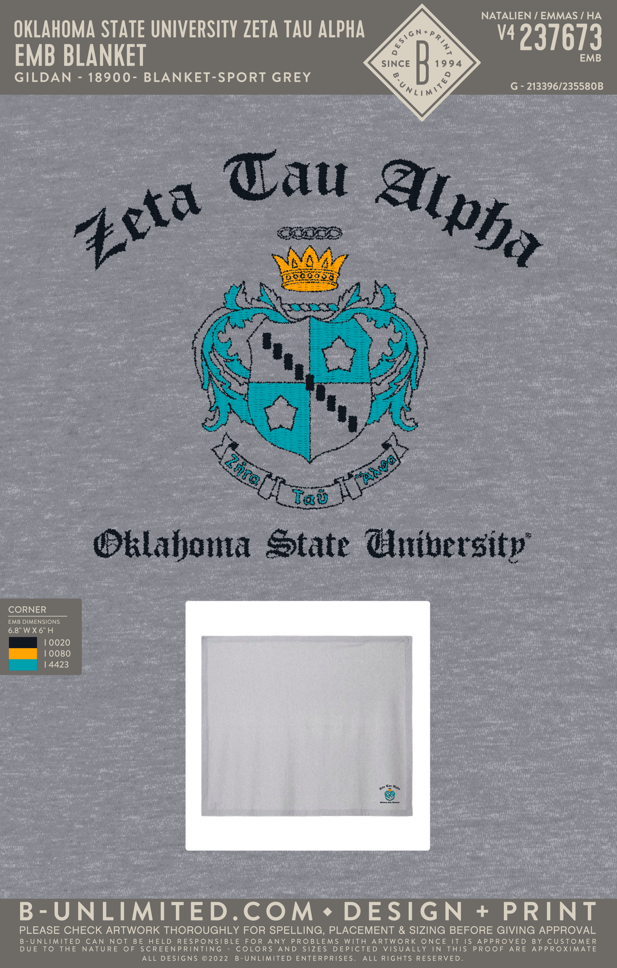 Oklahoma State University Zeta Tau Alpha - Emb Blanket - Gildan - 18900 - Heavy Blend Fleece Stadium Blanket - Sport Grey
