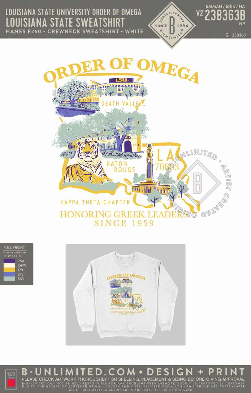 Louisiana State University Order of Omega - Louisiana State Sweatshirt - Hanes - F260 - Sweatshirt - White
