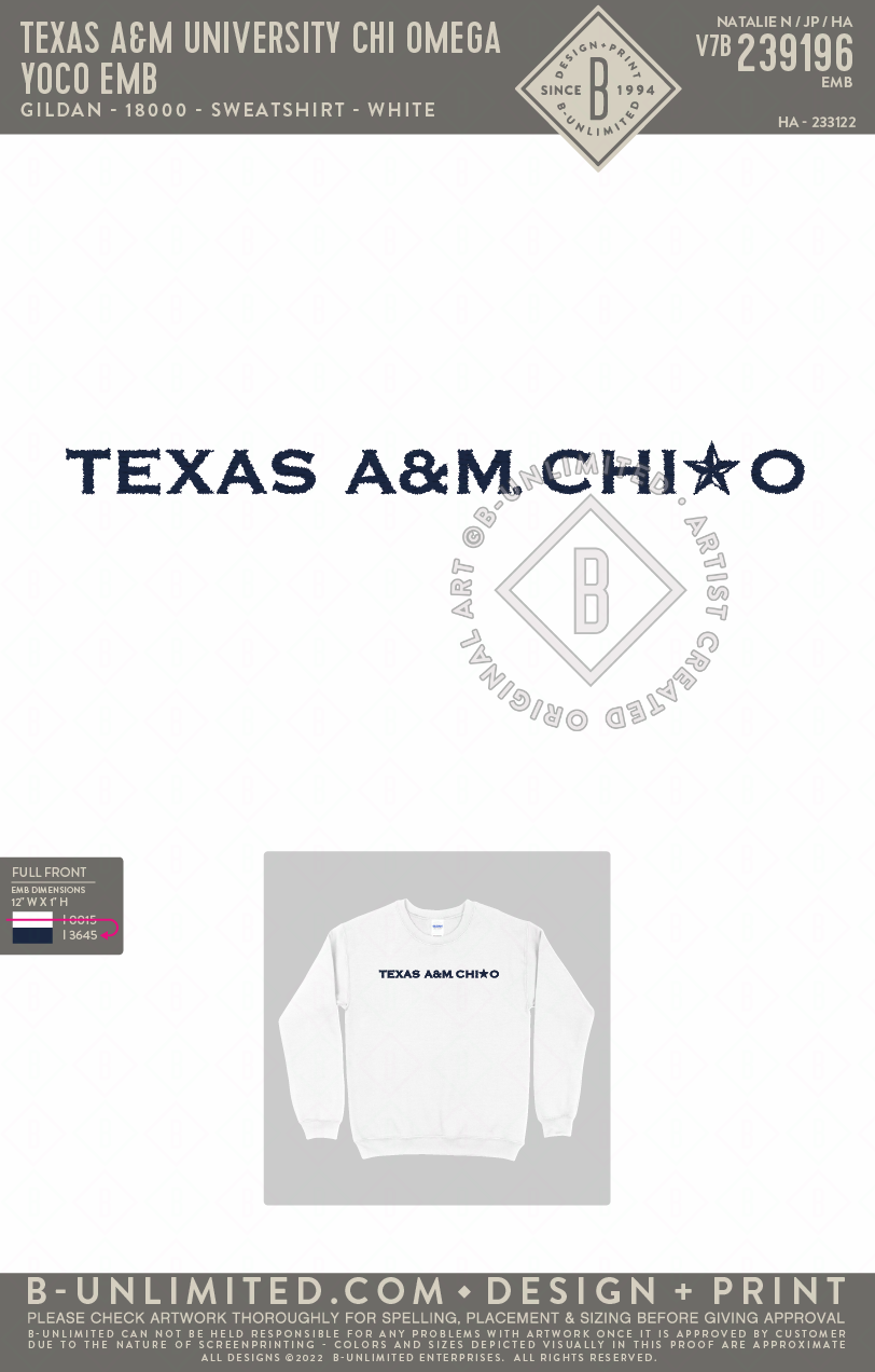 Texas A&M University Chi Omega - YOCO Emb 2026 - Gildan - 18000 - Crewneck Sweatshirt - White
