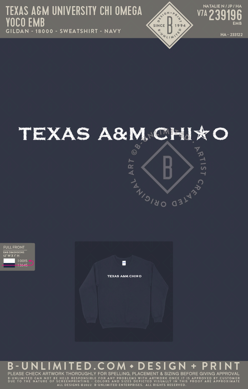 Texas A&M University Chi Omega - YOCO Emb 2026 - Gildan - 18000 - Crewneck Sweatshirt - Navy