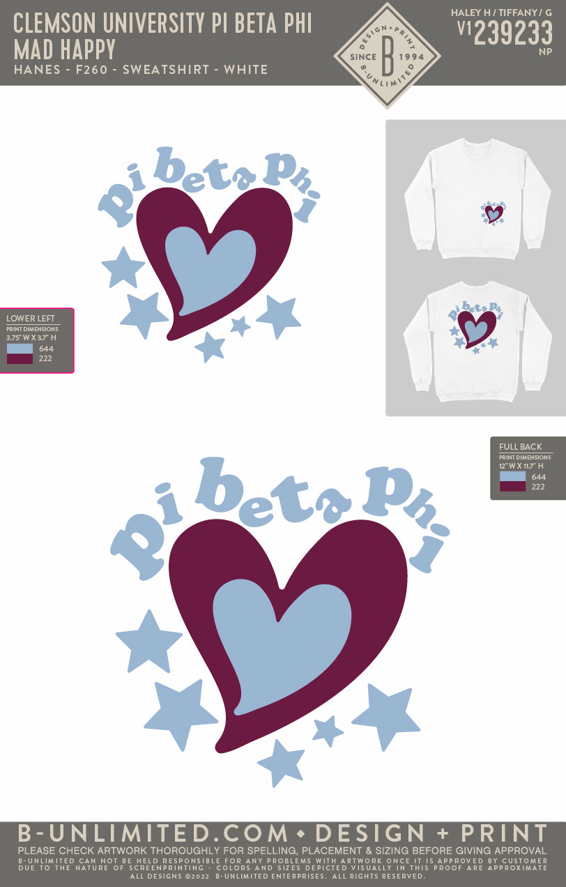 Clemson University Pi Beta Phi - Mad Happy(EOS26) - Hanes - F260 - Sweatshirt - White