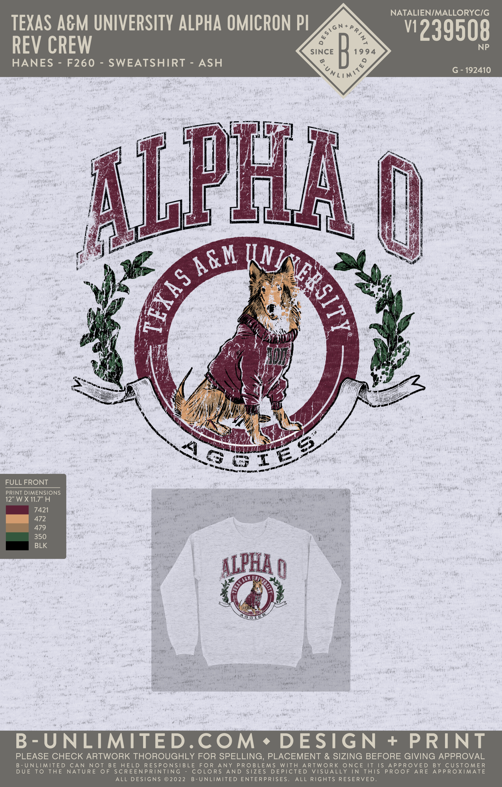 Texas A&M University Alpha Omicron Pi - Rev Crew - Hanes - F260 - Sweatshirt - Ash