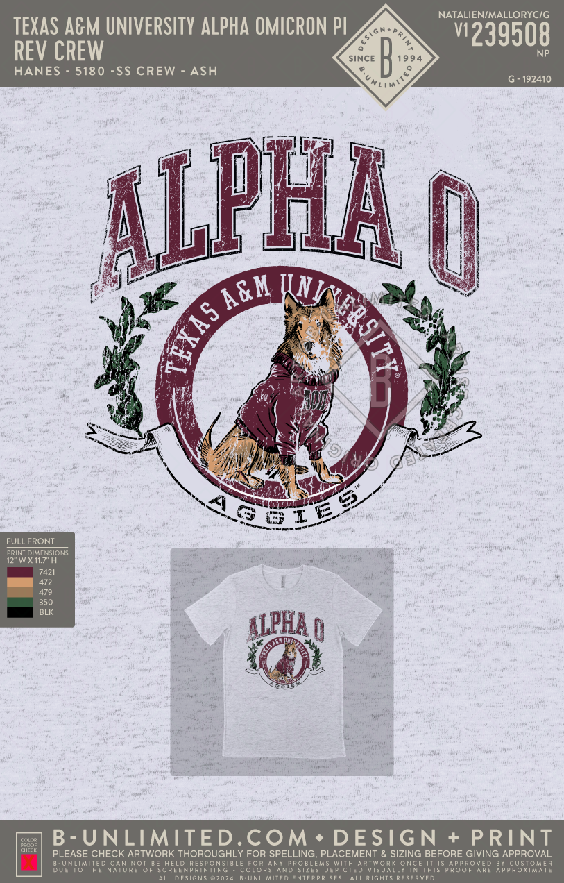 Texas A&M University Alpha Omicron Pi - Rev Crew - Hanes - 5180 - SS Beefy Crew - Ash