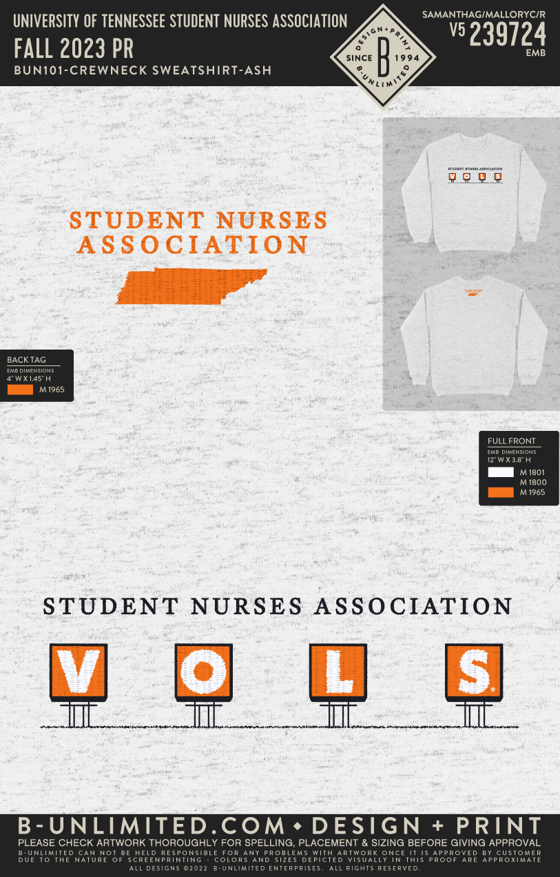 University of Tennessee Student Nurses Association - Fall 2023 PR - B-Unlimited BUN101 - Ash