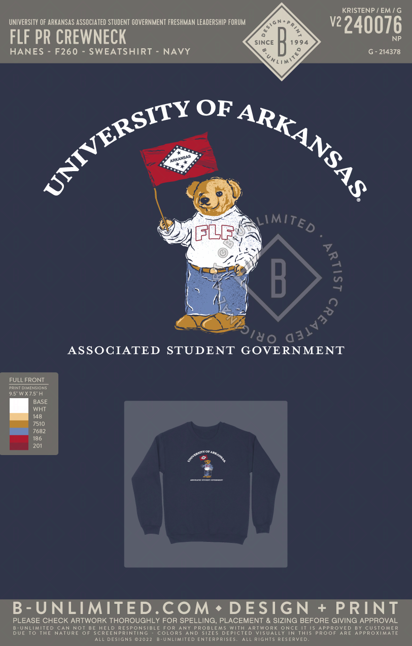 University of Arkansas Associated Student Government Freshman Leadership Forum - FLF PR Crewneck - Hanes - F260 - Sweatshirt - Navy