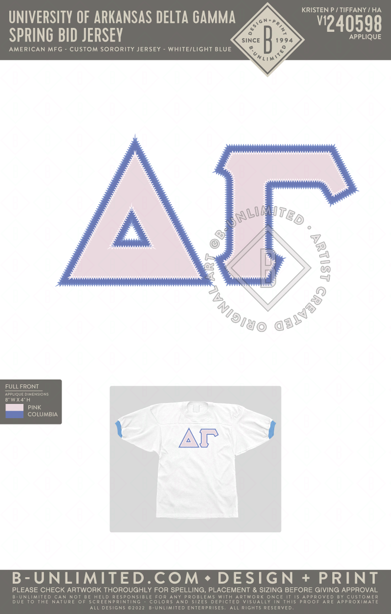 University of Arkansas Delta Gamma - Spring Bid Jersey - American MFG - Custom Sorority Jersey - White/Light Blue