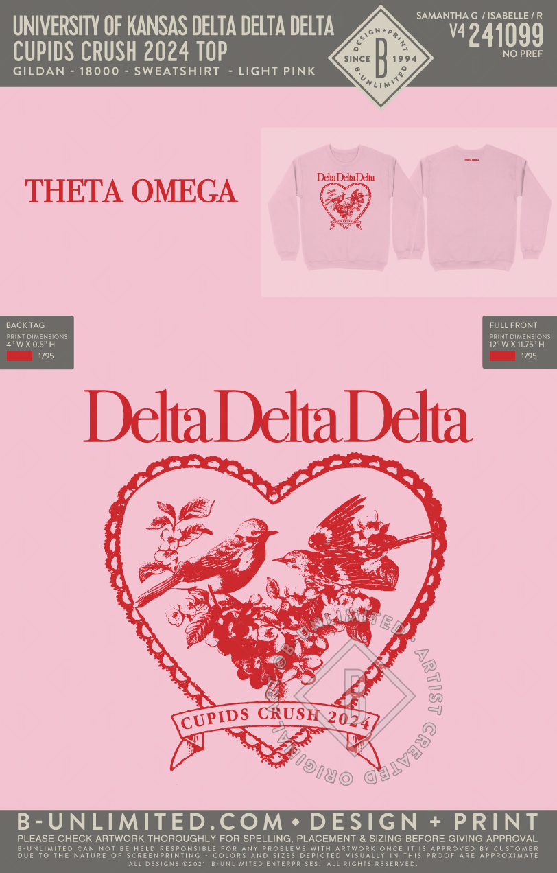 University of Kansas Delta Delta Delta - Cupids Crush 2024 top (72hoursale24) - Gildan - 18000 - Crewneck Sweatshirt - Light Pink
