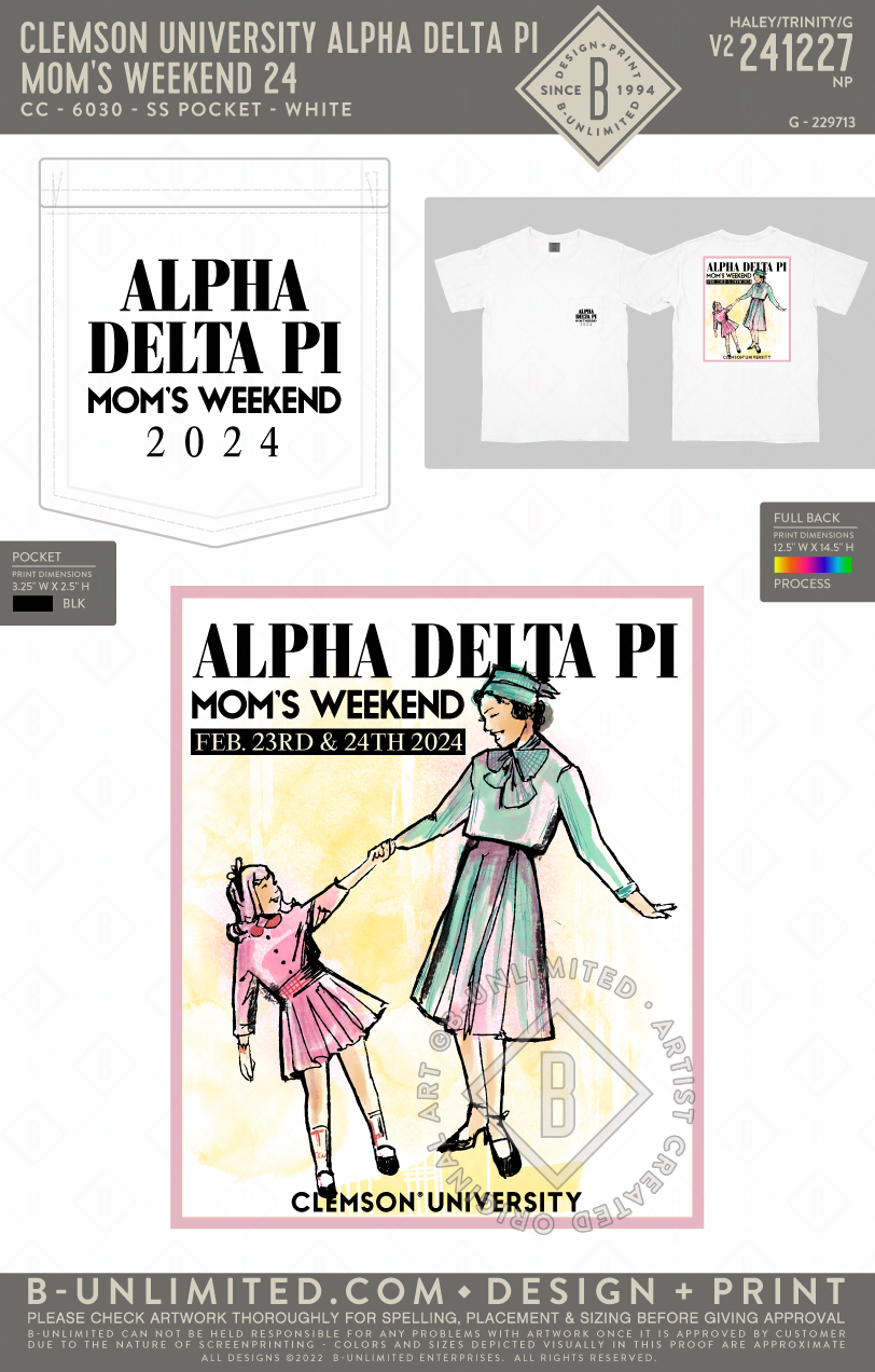 Clemson University Alpha Delta Pi - Mom's Weekend 24 (72hoursale24) - CC - 6030 - SS Pocket - White