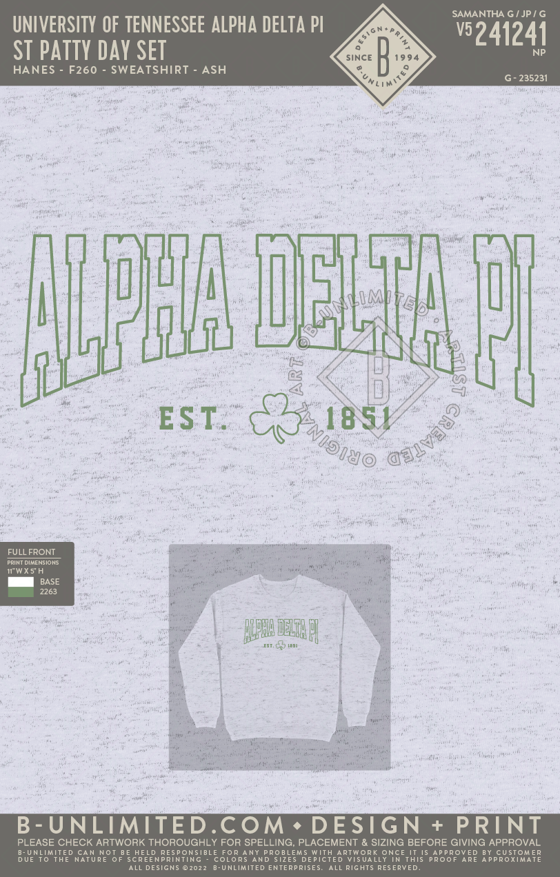 University of Tennessee Alpha Delta Pi - St Patty Day Set (72hoursale24) - Hanes - F260 - Sweatshirt - Ash