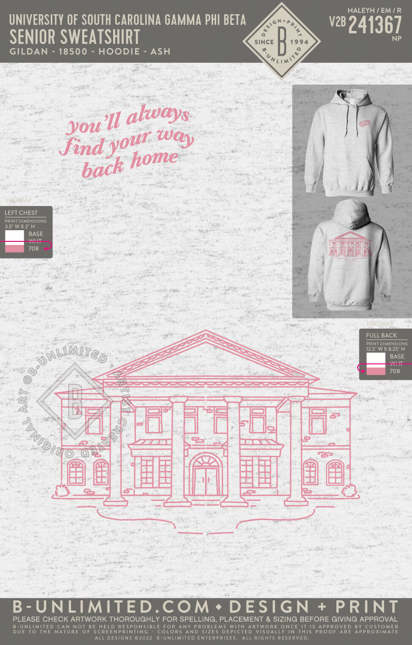 University of South Carolina Gamma Phi Beta - Senior Sweatshirt (EOS26) - Gildan - 18500 - Hoodie - Ash Grey