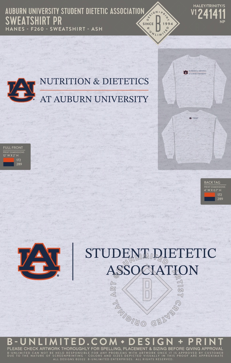 Auburn University Student Dietetic Association - Sweatshirt PR - Hanes - F260 - Sweatshirt - Ash