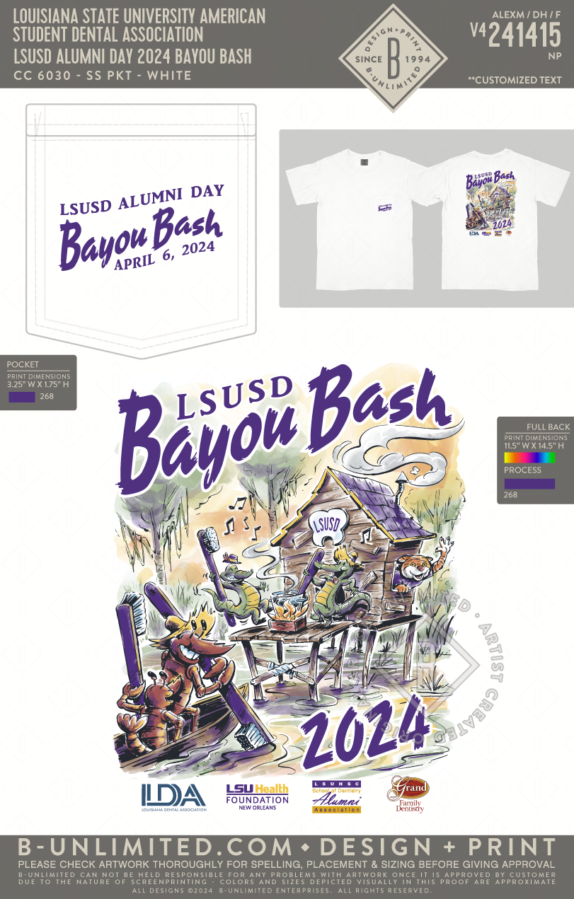 Louisiana State University American Student Dental Association - LSUSD Alumni Day 2024 Bayou Bash - CC - 6030 - SS Pocket - White