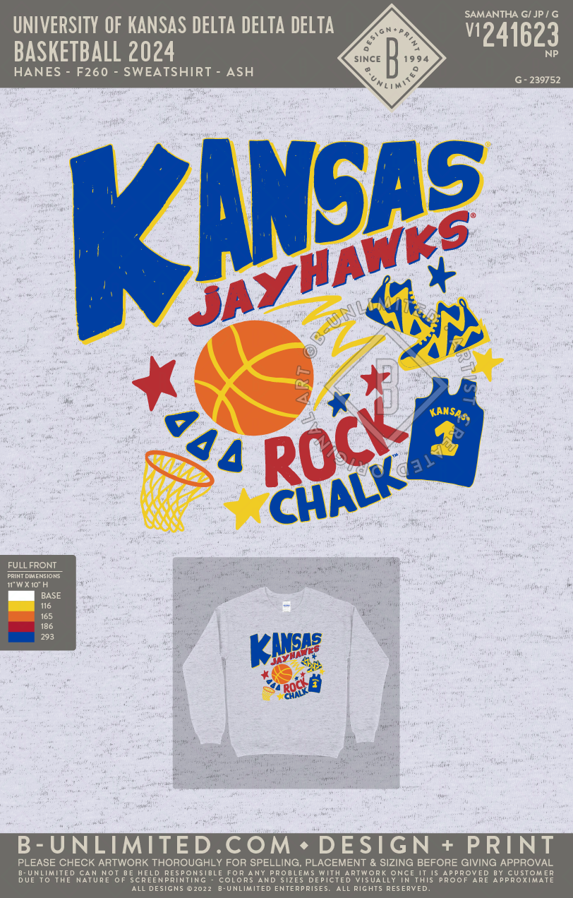 University of Kansas Delta Delta Delta - Basketball 2024 (72hoursale24) - Hanes - F260 - Sweatshirt - Ash