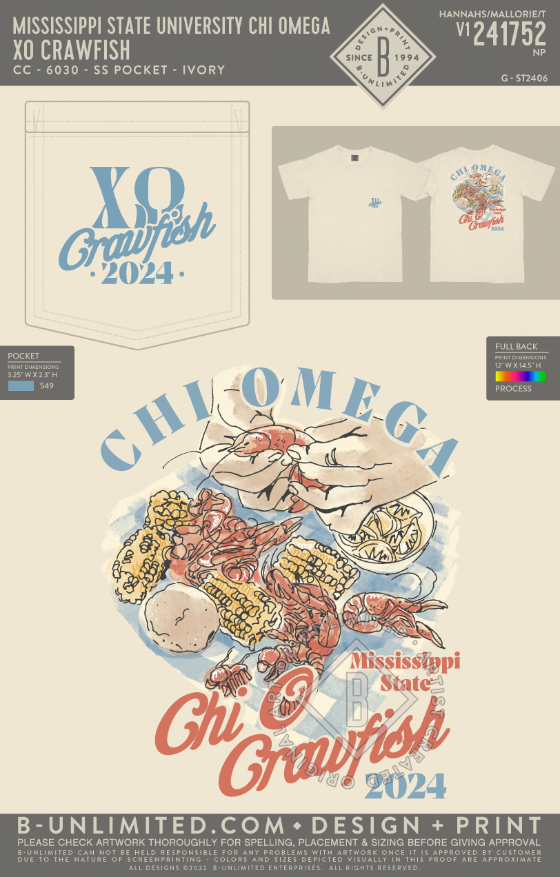 Mississippi State University Chi Omega - XO Crawfish (72hoursale24) - CC - 6030 - SS Pocket - Ivory