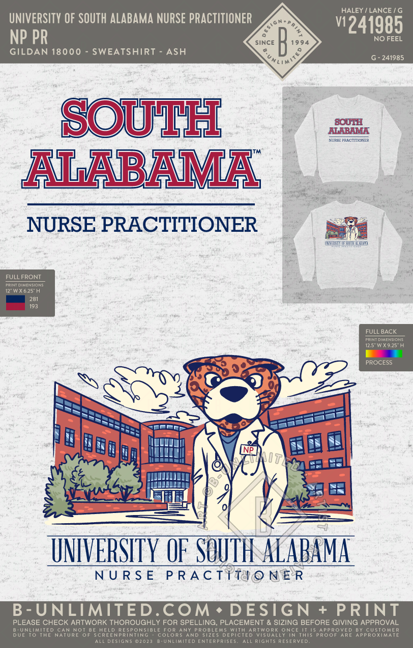 University of South Alabama nurse Practitioner - NP PR - Gildan - 18000 - Crewneck Sweatshirt - Ash Grey