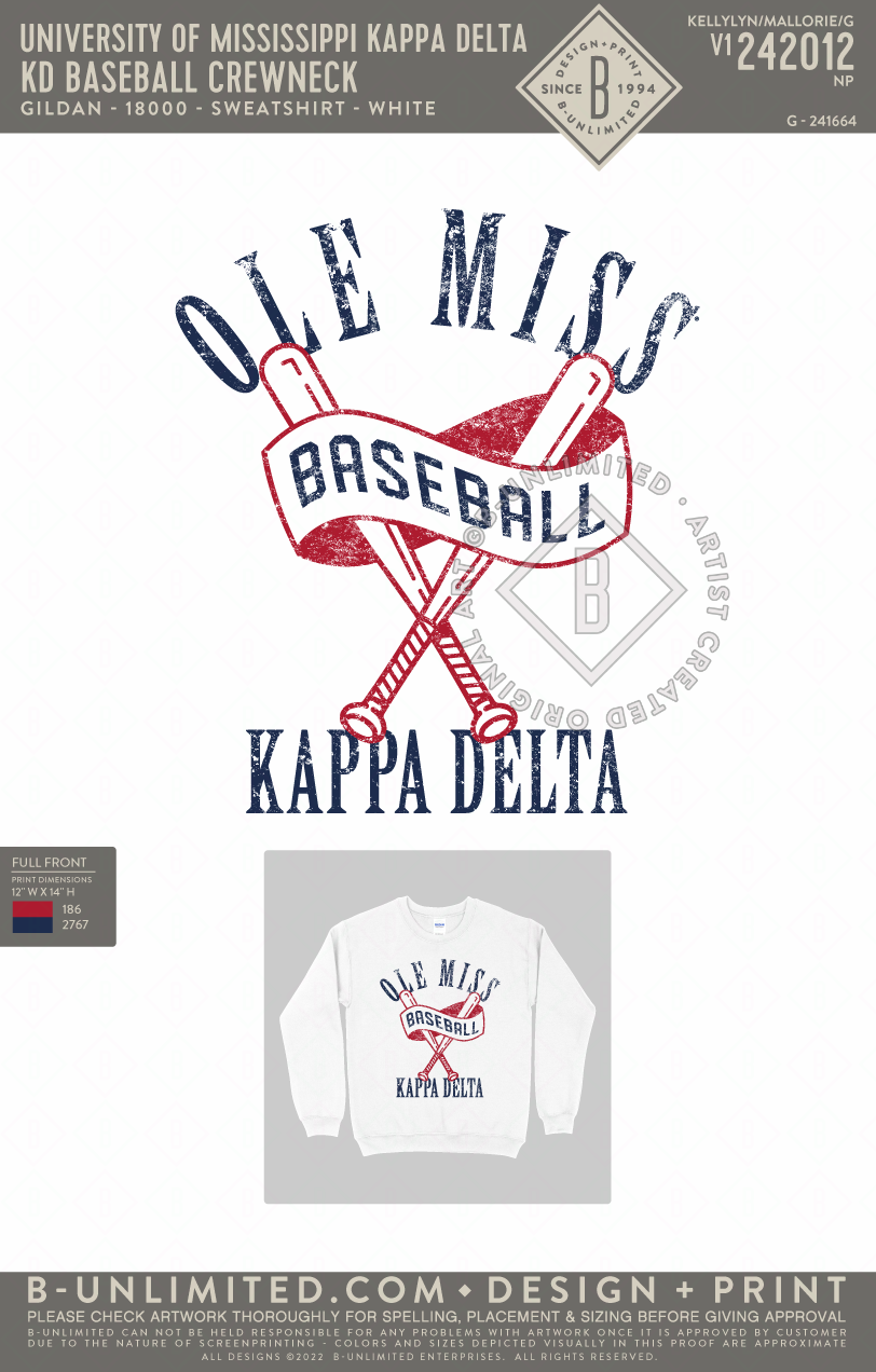 University of Mississippi Kappa Delta - KD Baseball Crewneck (72hoursale24) - Gildan - 18000 - Crewneck Sweatshirt - White