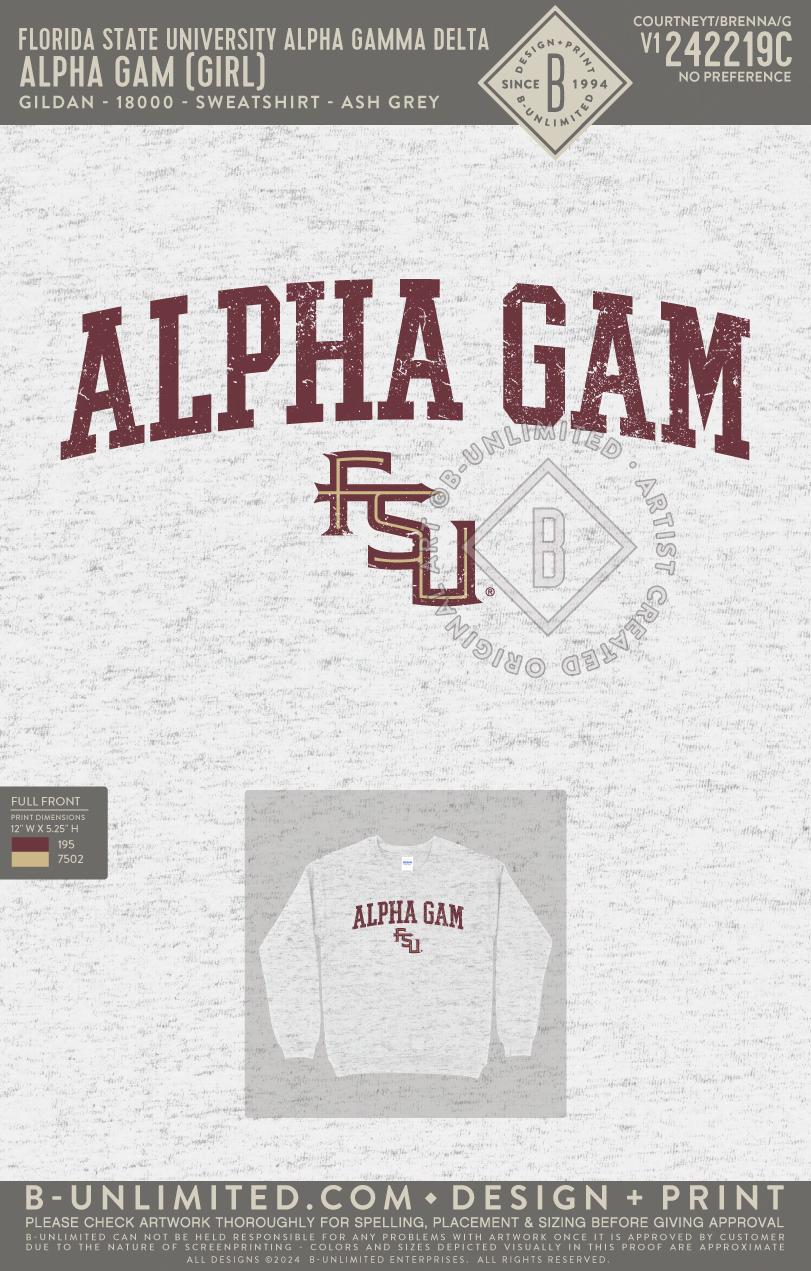 Florida State University Alpha Gamma Delta - Alpha gam (girl) (72hoursale24) - Gildan - 18000 - Crewneck Sweatshirt - Ash Grey