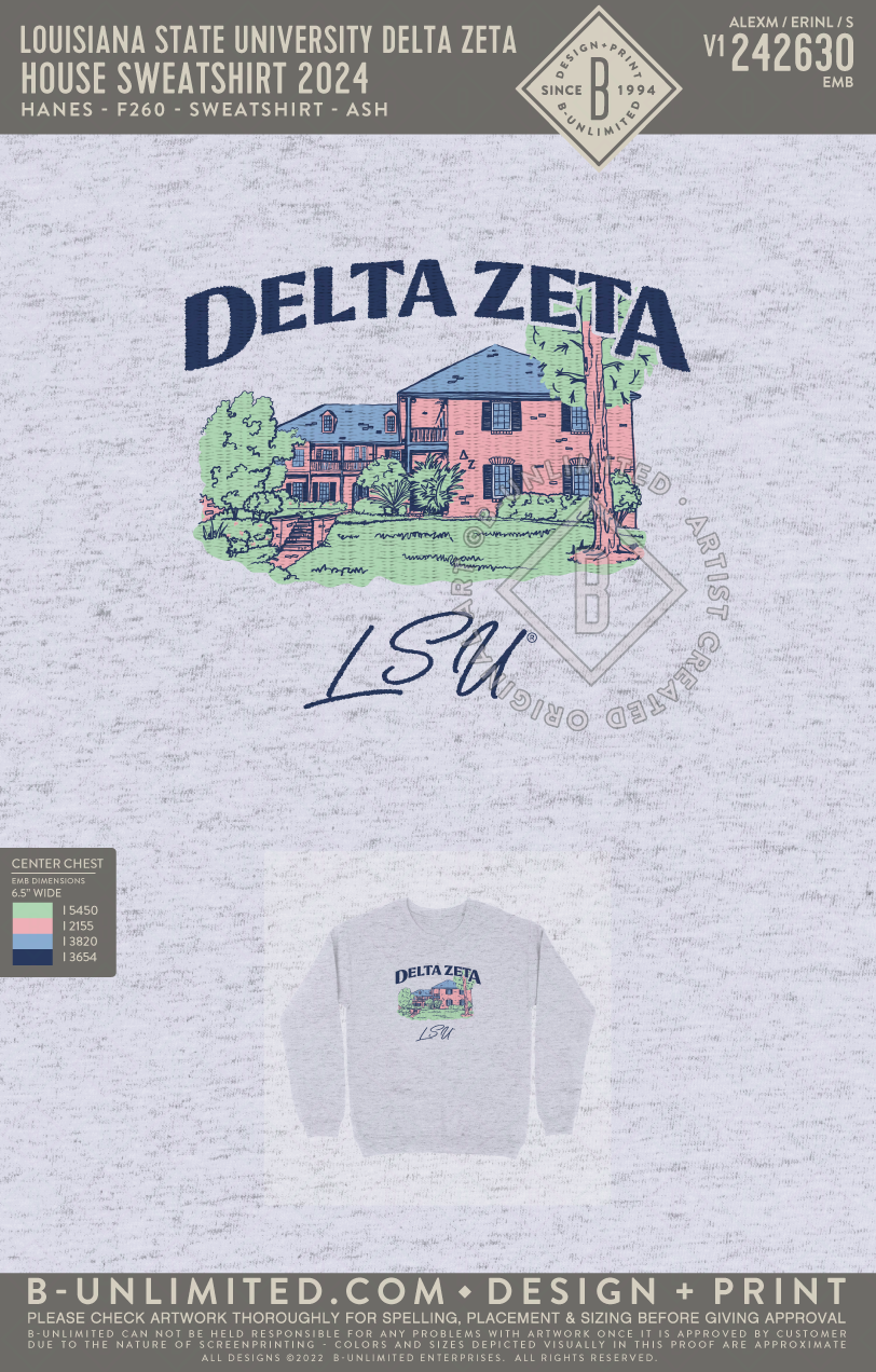 Louisiana State University Delta Zeta - House Sweatshirt 2024 - Hanes - F260 - Sweatshirt - Ash