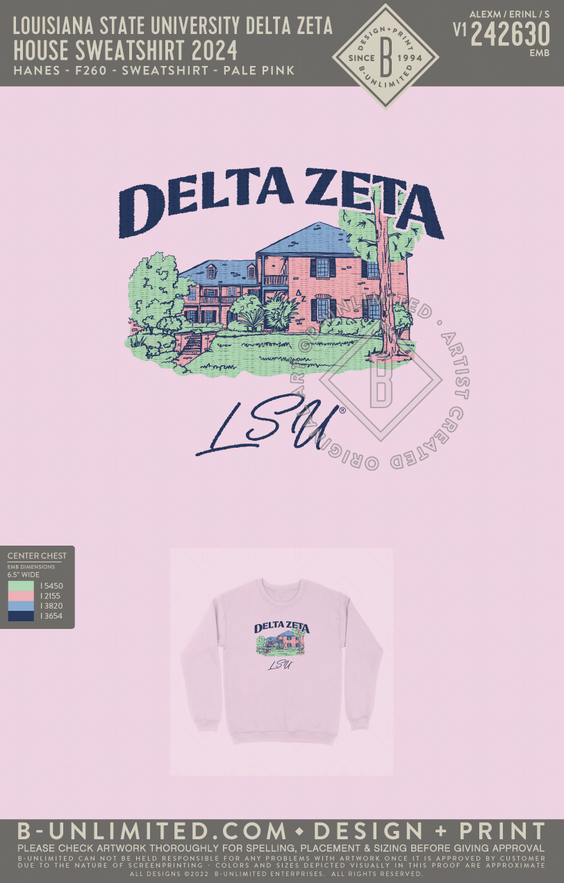 Louisiana State University Delta Zeta - House Sweatshirt 2024 - Hanes - F260 - Sweatshirt - Pale Pink