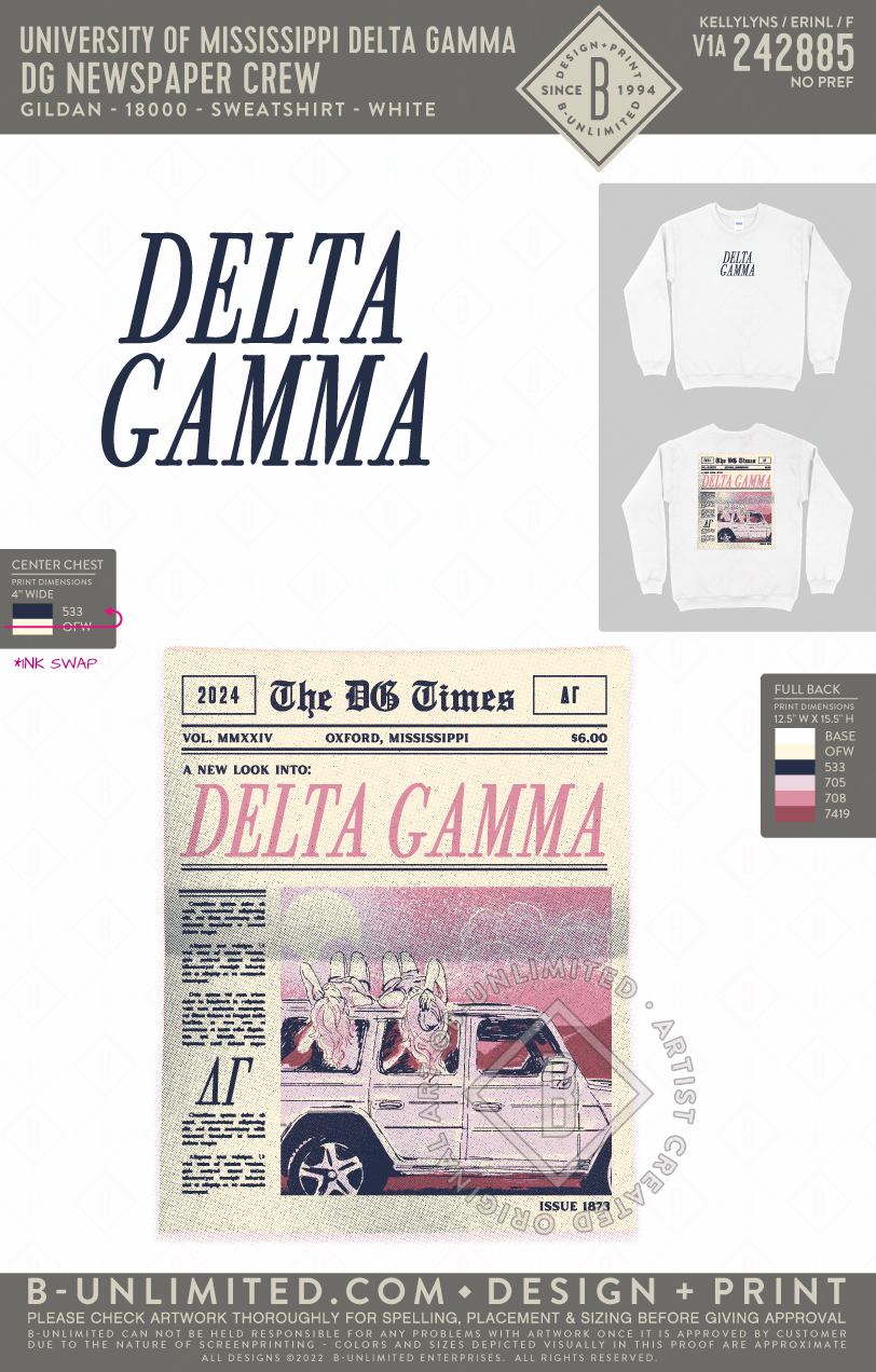 University of Mississippi Delta Gamma - DG Newspaper Crew (72hoursale24) - Gildan - 18000 - Crewneck Sweatshirt - White