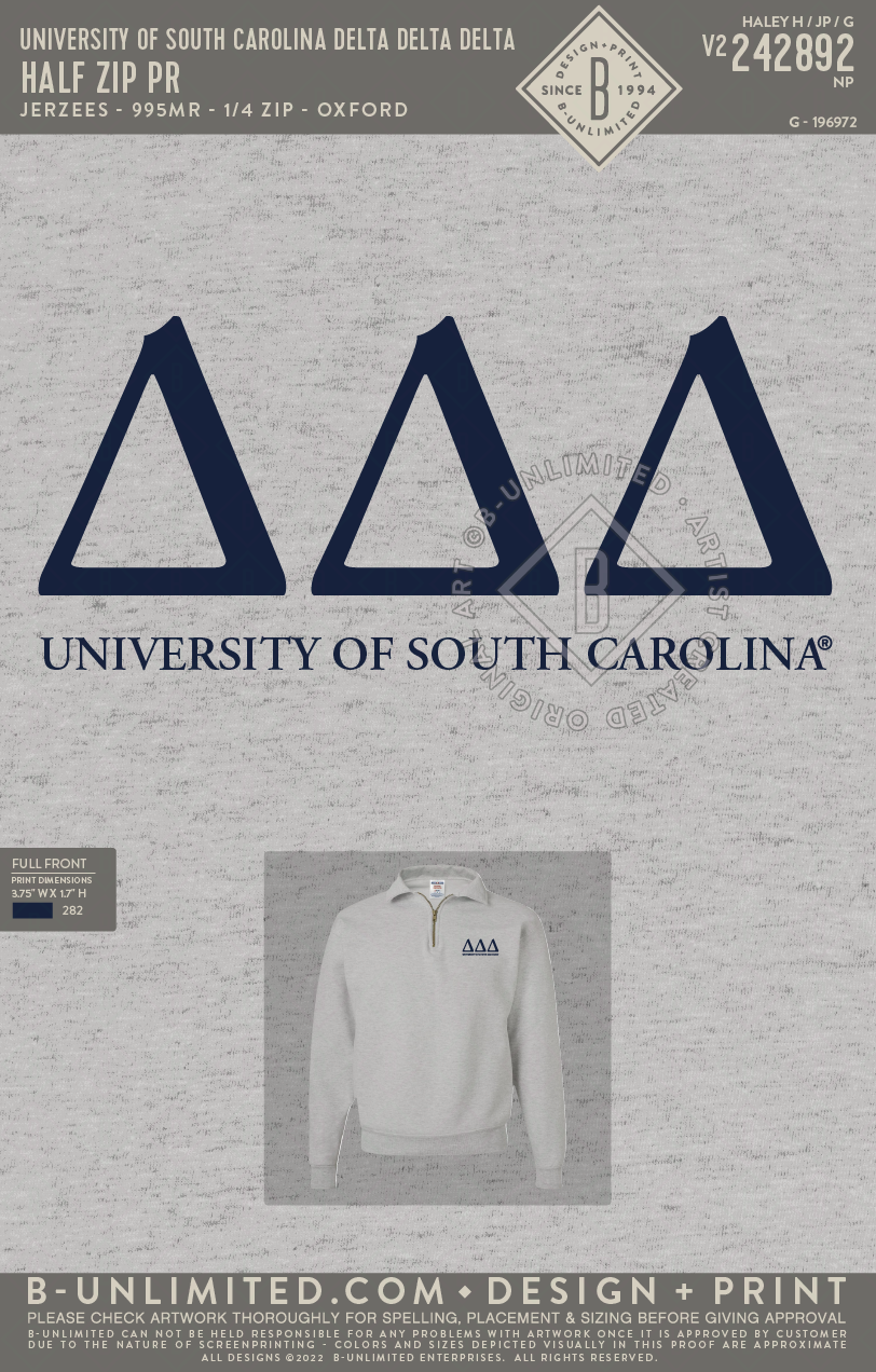 University of South Carolina Delta Delta Delta - Half Zip PR - Jerzees - 995MR - 1/4 Zip Pullover - Oxford
