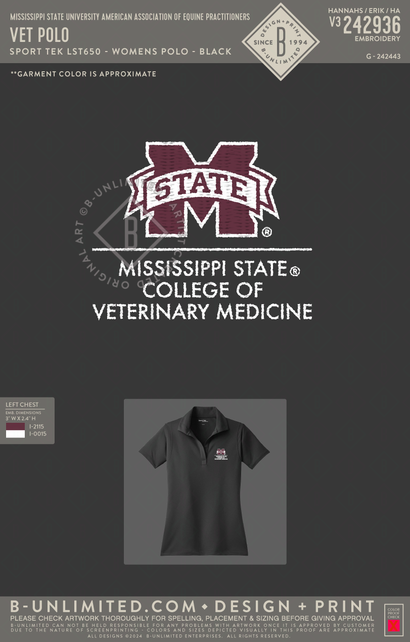 Mississippi State University American Association of Equine Practitioners - Vet Polo (Womens) - Sport Tek - LST650 - Ladies Polo - Black