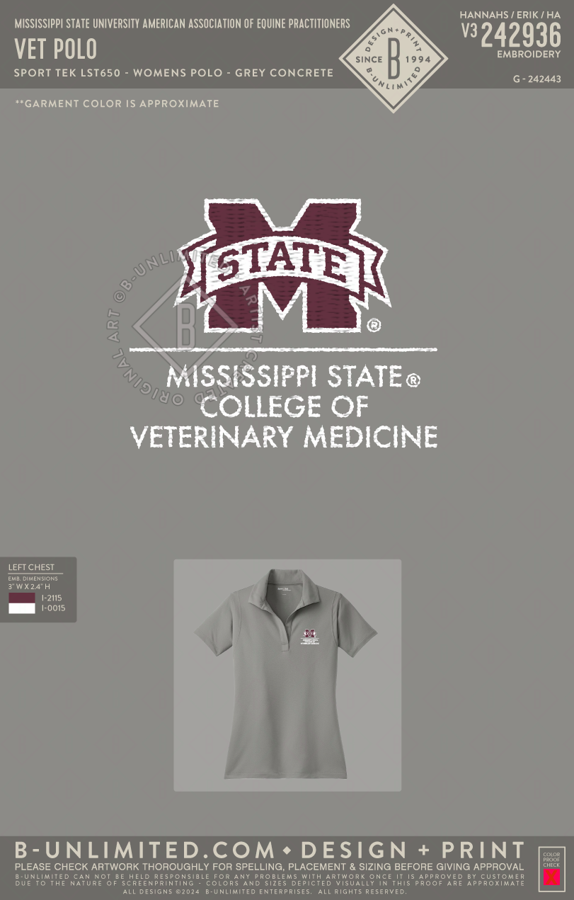 Mississippi State University American Association of Equine Practitioners - Vet Polo (Womens) - Sport Tek - LST650 - Ladies Polo - Grey Concrete