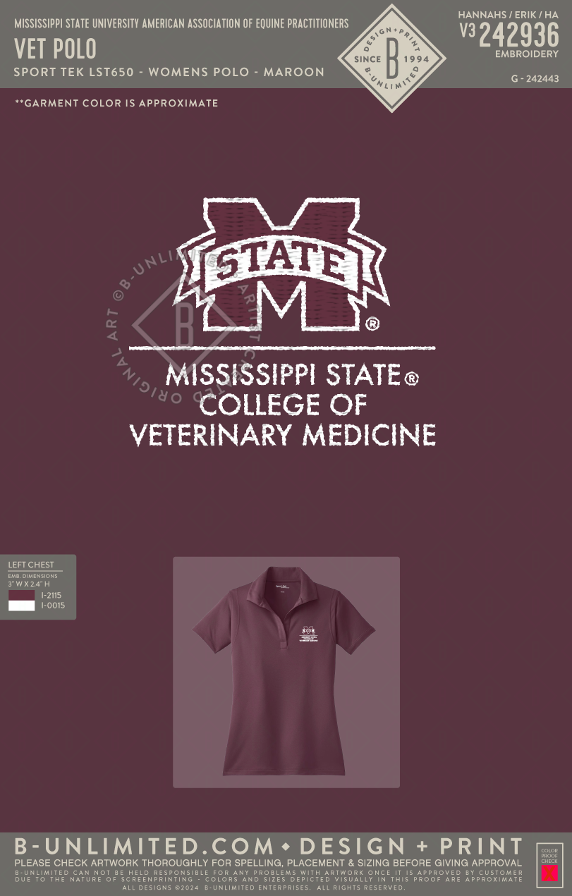 Mississippi State University American Association of Equine Practitioners - Vet Polo (Womens) - Sport Tek - LST650 - Ladies Polo - Maroon
