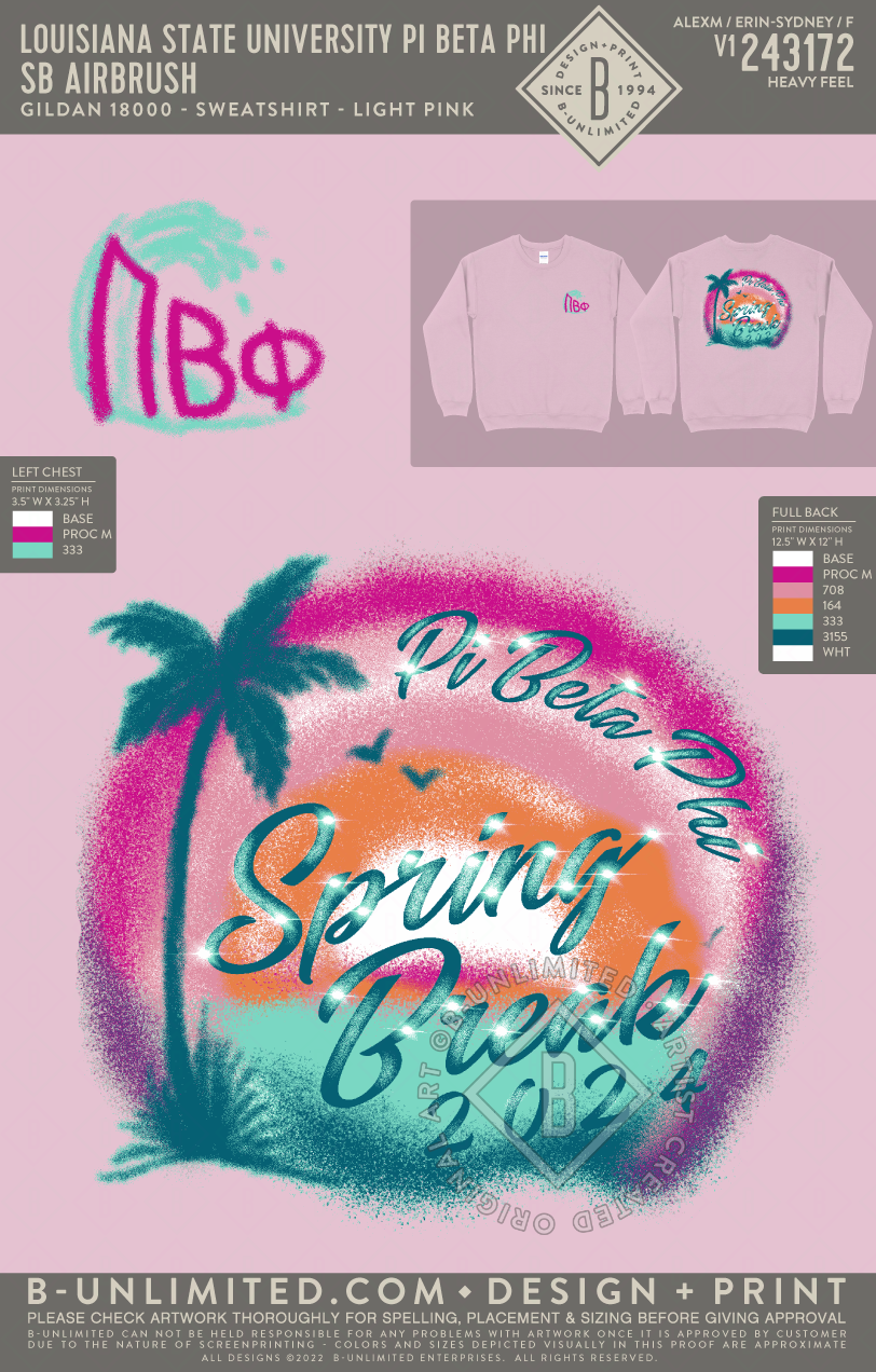 Louisiana State University Pi Beta Phi - SB airbrush (72hoursale24) - Gildan - 18000 - Crewneck Sweatshirt - Light Pink