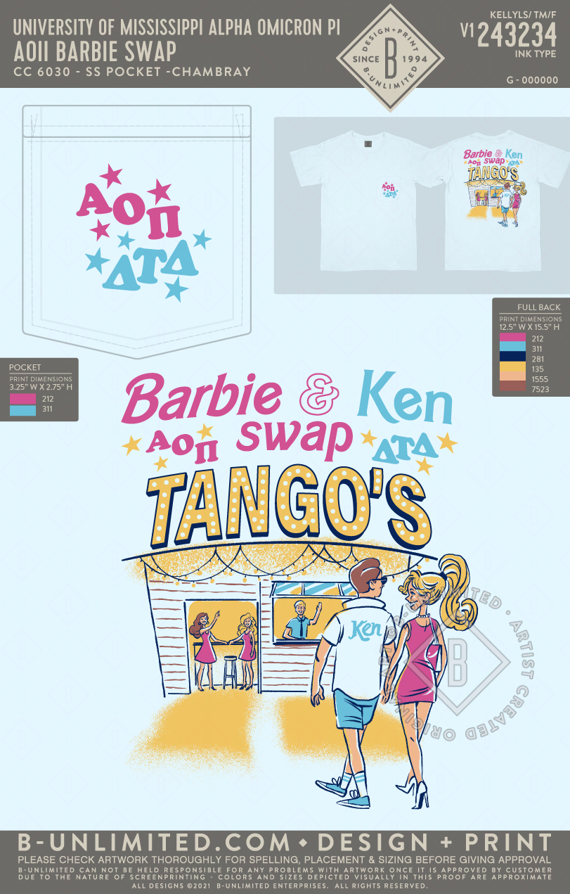 University of Mississippi Alpha Omicron Pi - AOII Barbie Swap (72hoursale24) - CC - 6030 - SS Pocket - Chambray